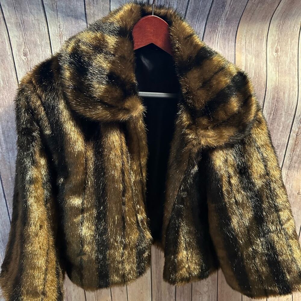 Elegant Faux Fur Striped Jacket Black and Brown Vintage